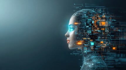 Obraz premium Innovative virtual ai head with holographic components futuristic environment digital artwork technology concept gigapixel detail