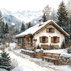 Idyllic Snow-Covered Chalet in the Alps, Watercolor Painting.