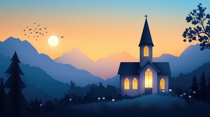 Naklejka premium A minimalist paper cut church silhouette against a twilight sky, with glowing windows and soft hues