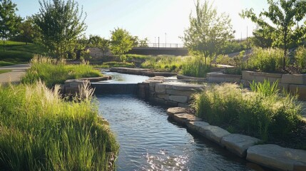 Fototapeta premium A serene shot of a landscape architect designing a sustainable urban park with interactive water features and native plantings, Urban park design scene, Sustainable recreation style