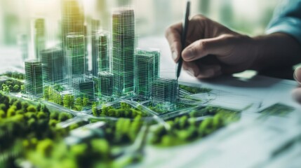 A serene shot of an architect sketching plans for a futuristic city district with smart technologies and green infrastructure, Futuristic city planning scene, Urban innovation style