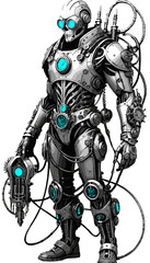 Fototapeta premium Futuristic cyborg character with glowing elements in a high-tech design showcasing intricate mechanical details