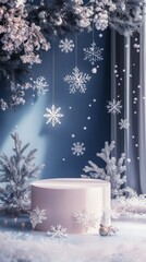 Create a visually stunning winter-themed podium, adorned with sparkling snowflakes and cozy winter decorations, designed to showcase and promote your product in a festive atmosphere