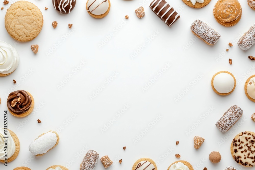 Poster An attractive display of various cookies and sweets is presented on a white background, creating an inviting atmosphere for treats. Generative AI