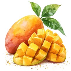 A Watercolor Painting of a Whole Mango and Diced Mango Pieces.