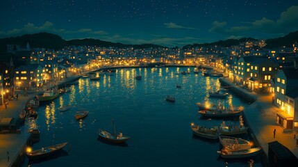 A picturesque coastal town at night with twinkling lights reflecting off the calm water.