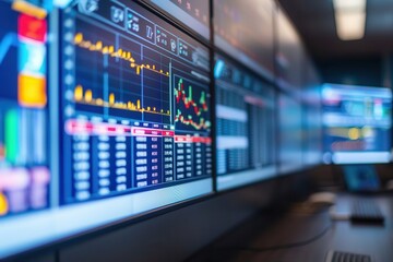 Fiber optic enables precise monitoring. Data analytics on digital screens in a workspace