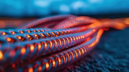 Fiber optic enables precise monitoring. Close-up of illuminated, coiled cable.