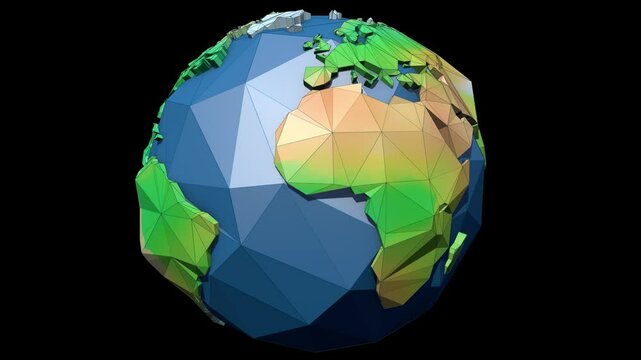 Low Poly Planet Earth World Map Rotating Loop on Transparent Background - Color