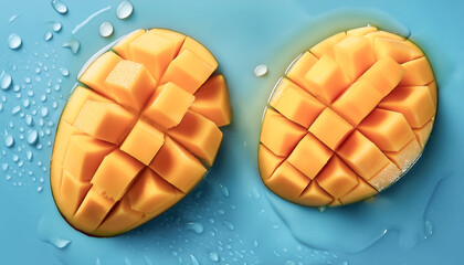 Fototapeta premium Fresh a mango slices floating in a clear blue water
