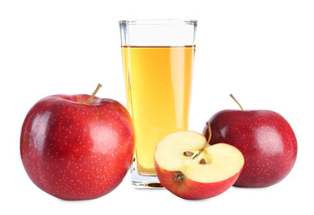Tasty apple juice in glass and fresh fruits isolated on white