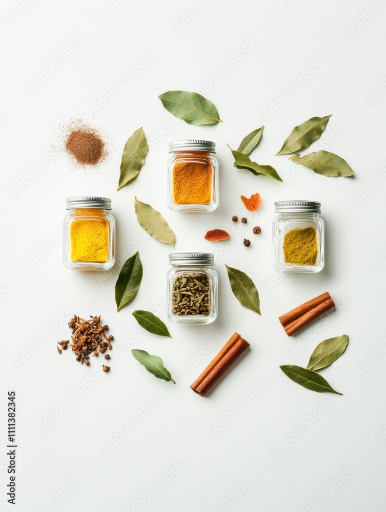 Poster Vibrant spices in small jars are displayed with bay leaves and cinnamon sticks, creating an aromatic and visually pleasing setup suitable for cooking. Generative AI