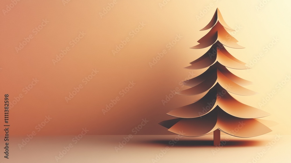 Poster a layered 3d paper christmas tree stands against a warm backdrop, providing plenty of space for pers