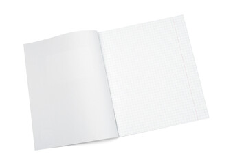 One open copybook isolated on white, top view. School stationery