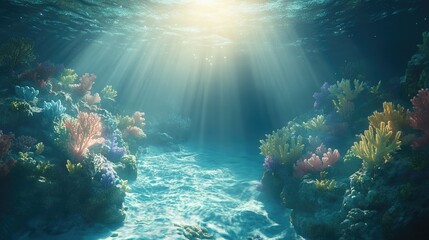 Fototapeta premium A serene underwater view of coral reefs, illuminated by sunlight piercing through clear ocean waves