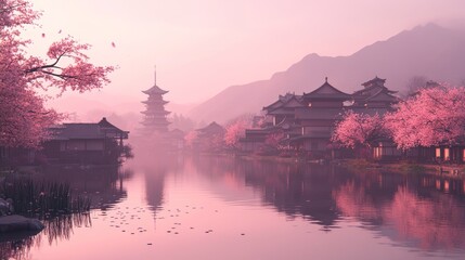 Obraz premium A tranquil Japanese village with cherry blossoms in full bloom, reflecting in a still lake at sunrise.