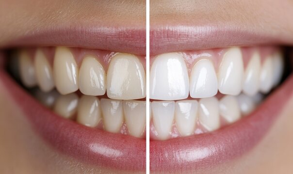 Smile transformation - teeth captured before and after whitening treatment, contrast between natural shade and brightened enamel, highlighting dental care, aesthetics, oral hygiene.