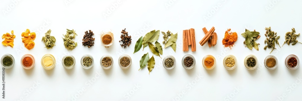 Poster colorful small jars filled with spices, bay leaves, and cinnamon sticks arranged neatly on a white s