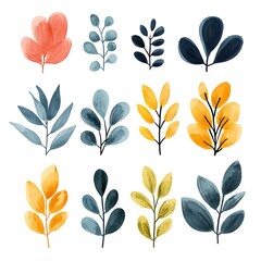 Twelve Watercolor-Style Botanical Illustrations Featuring Various Leaf Shapes and Color Palettes.