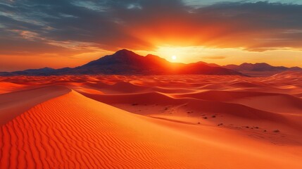 Obraz premium A vibrant sunset over the red sand dunes of a desert landscape. The sun is setting behind a mountain range in the distance, casting a warm glow over the scene.