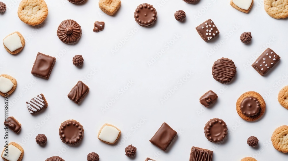 Poster an inviting spread of various cookies and sweets displayed on a clean white background, perfect for 