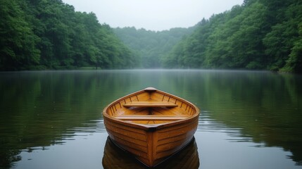 Obraz premium A wooden rowboat sits alone on a still lake, surrounded by lush green trees. The mist creates an air of tranquility.