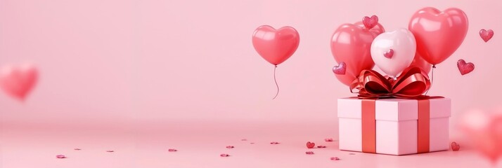 Big gift box with ribbons and festive bow, with balloons and hearts on pastel pink background. Valentine's Day banner or greeting card