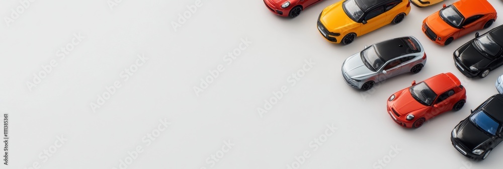 Poster Various miniature car models are neatly arranged on a pristine white background, providing ample space for creative text and graphics. Generative AI