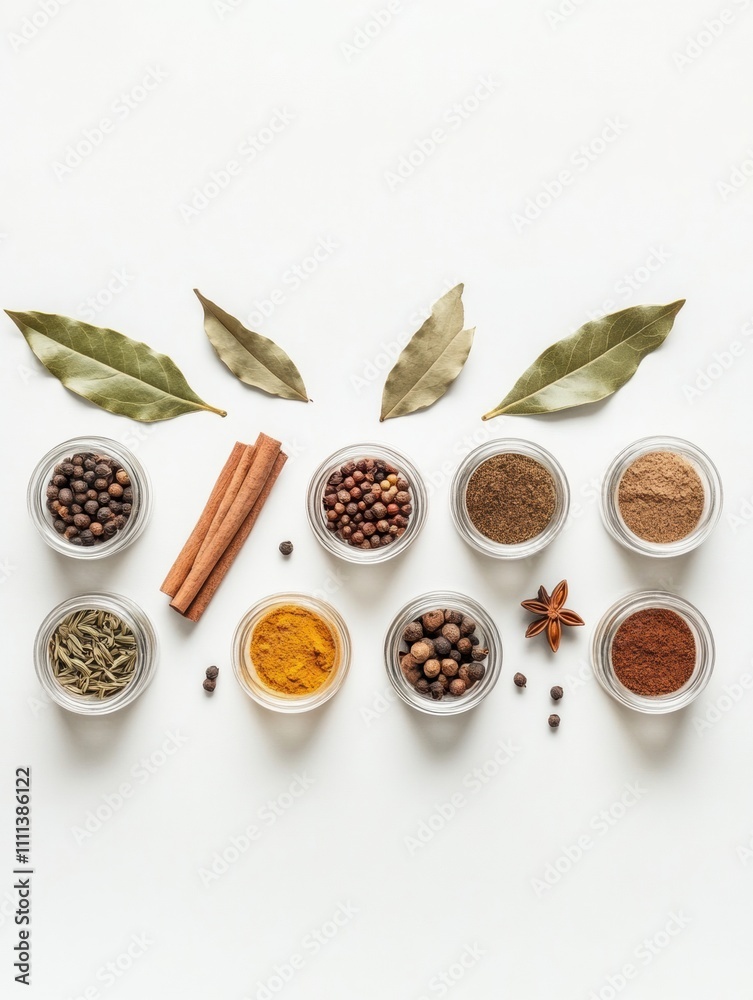 Aufkleber aromatic spices in small jars, including cinnamon sticks and bay leaves, are arranged neatly on a wh