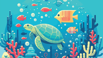 illustration of an underwater atmosphere with various animals such as turtles, lobsters, fish, crabs and coral reefs © Animasi