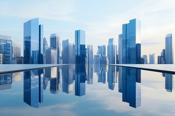 Captivating Modern Cityscape with Gleaming Glass Skyscrapers and Reflecting Pools