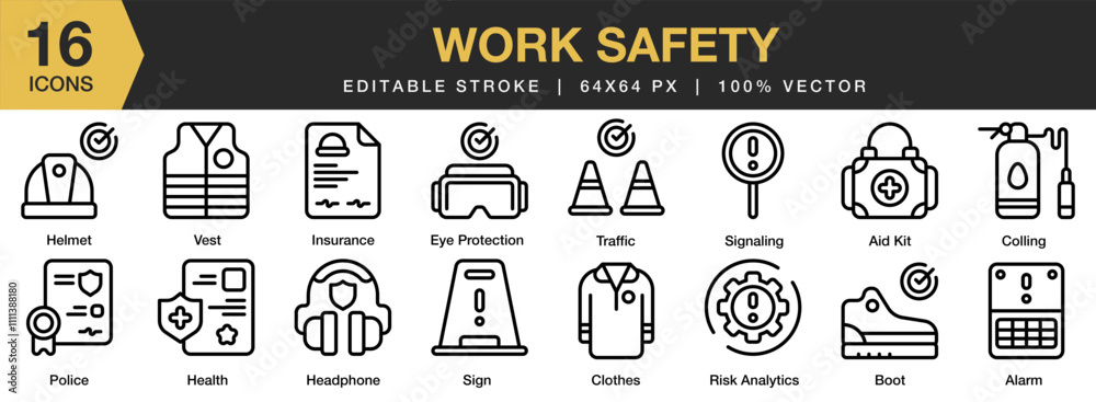 Poster Work Safety icon set. Editable Stroke Icon Collection. Includes industry, safety, workplace, security, work, protection, and More. Outline icons vector collection.