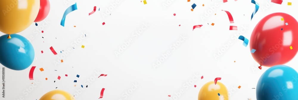 Poster bright balloons and vibrant confetti are arranged against a white background, creating a cheerful se