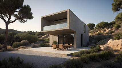 Fototapeta premium AI-generated Modern House with luxury hotel style, blending Spanish-Italian country design, natural materials, minimalist architecture, and stunning outdoor settings for premium, marketable stock imag