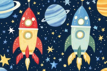 Playful Rockets and Planets in Abstract Design