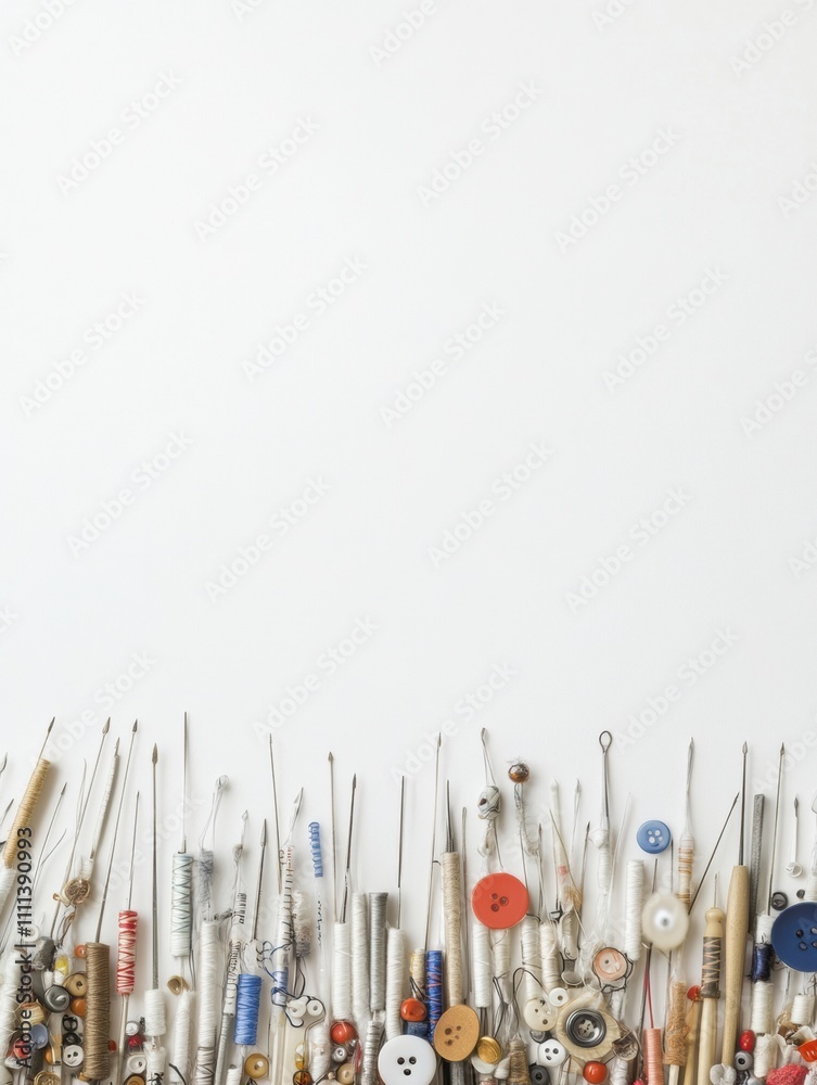 Aufkleber Colorful sewing essentials including needles, threads, and buttons display on a white background, allowing for versatile design options. Generative AI