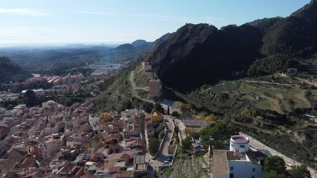 Aerial view of the village of Jijona, Spain. Sea in the background.