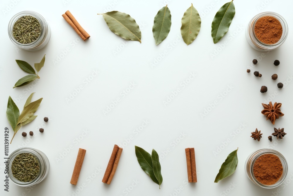 Aufkleber Vibrant jars of spices surround bay leaves and cinnamon sticks, creating a decorative and aromatic layout with room for text. Generative AI
