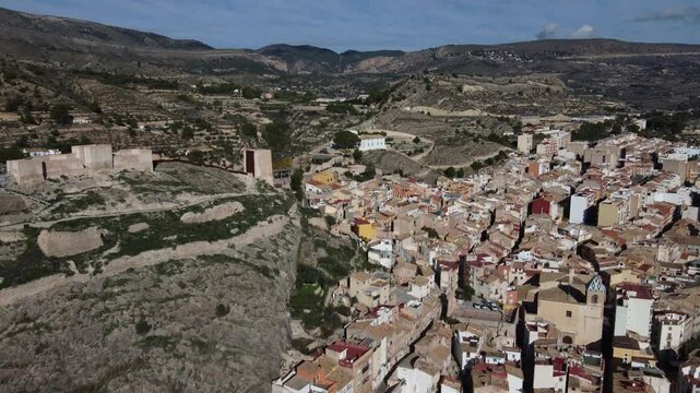 Aerial approach to the castle and village of Jijona, Spain