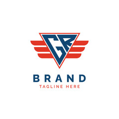 Patriotic GR Logo Initials. Letter GR Winged Logo. Red and Blue Triangle GR with Wing for Aviation, Delivery Services, Sports, Military and Security Agencies