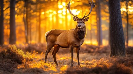 A majestic stag stood in the middle of the forest, with sunlight filtering through the trees.
