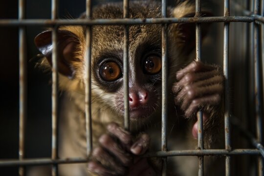 A Slow lorises (Nycticebus coucang) is seen in a cage after the Citizens surrender to the Nature 