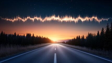 Long road trip adventure with lush trees lining the scenic route, explore nature's beauty and escape the city