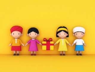 Fototapeta premium Colorful cartoon characters holding hands with a gift on a bright yellow background, representing friendship, joy, and celebration for various occasions.