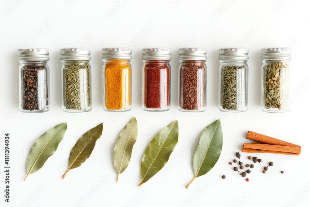 Aufkleber a vibrant display of assorted spices in jars placed next to bay leaves and cinnamon sticks on a clea