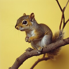 Obraz premium Small Squirrel Perched on Tree Branch on Creamy Yellow Background