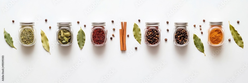 Fototapete Colorful spices in small jars are arranged with bay leaves and cinnamon sticks on a clean white background, offering a vibrant culinary display. Generative AI