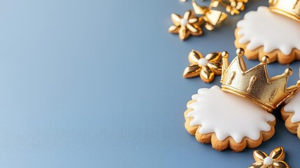 New Year sweets baking luxury concept. Crown-shaped cookies with edible gold accents on a royal blue backdrop, luxury baking, regal theme for New Year treats