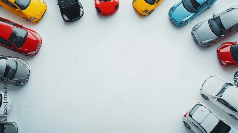 Poster A collection of miniature car models is organized on a white backdrop, providing ample space for creative text or design additions. Generative AI