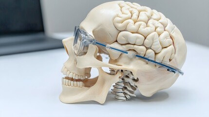 Naklejka premium Human Skull Model with Brain and Glasses